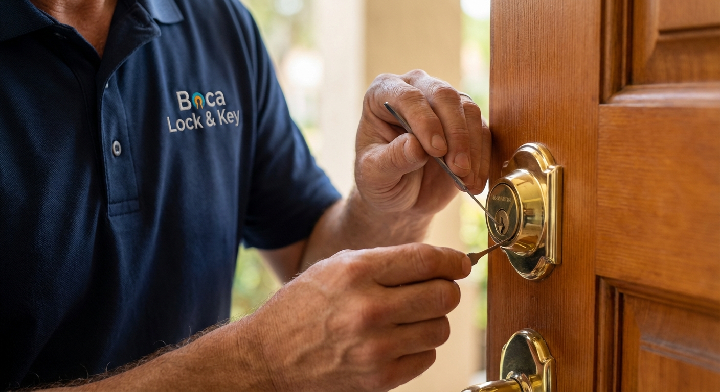 Emergency lockout technician assisting a customer in Boca Raton